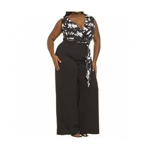 NEW THE SANG curvy printed overwrap sleeveless solid pants jumpsuit in black